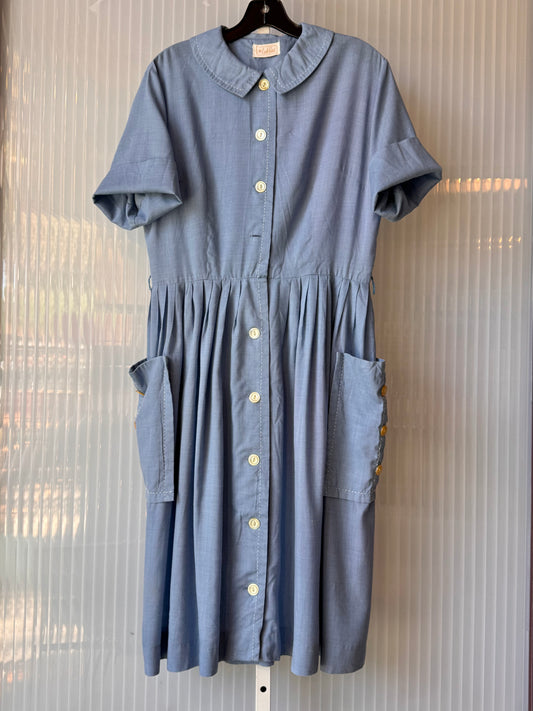 1950s Chambray Blue Button-Up Shirtwaist Apron Dress