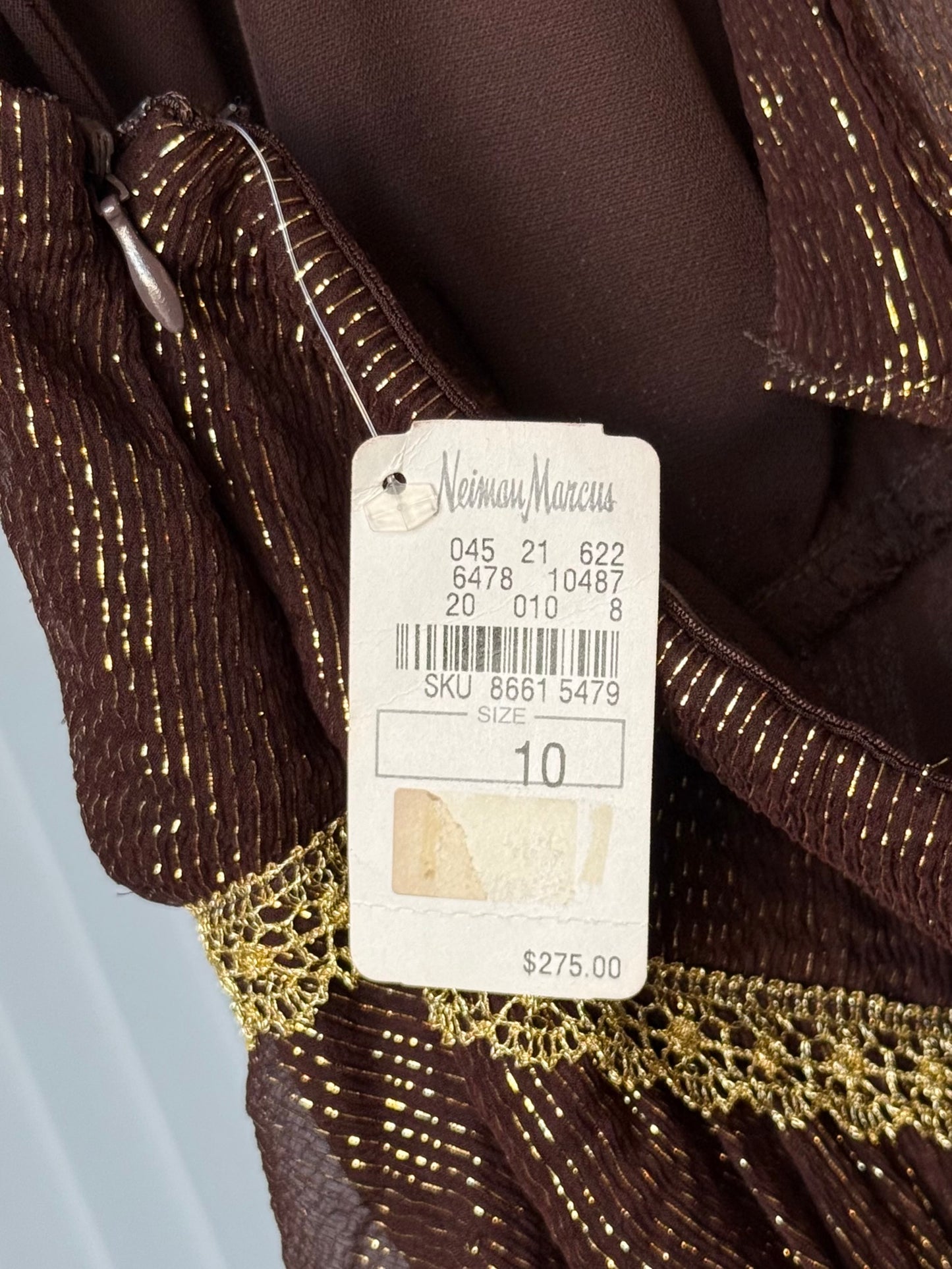 2000s Nicole Miller Brown and Gold Sparkly Halter Dress