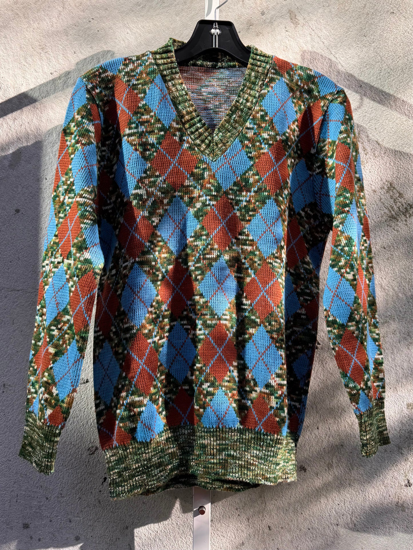 1970s Earth Toned Argyle V-Neck Sweater
