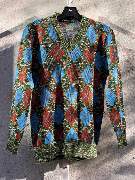 1970s Earth Toned Argyle V-Neck Sweater