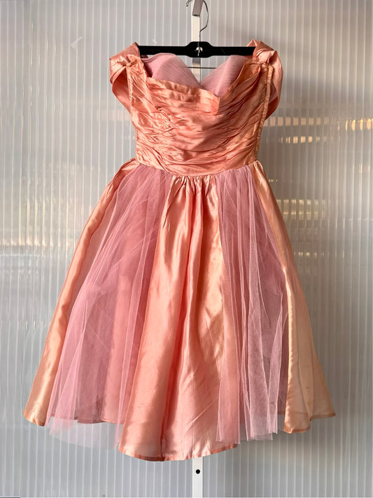 1960s Bubblegum Pink Satin & Tulle Bouffant Formal Dress