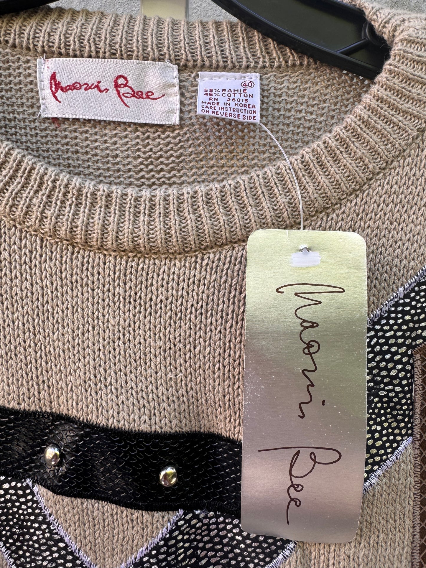 1980s Tan Knit Sweater Top with Metallic Graphics