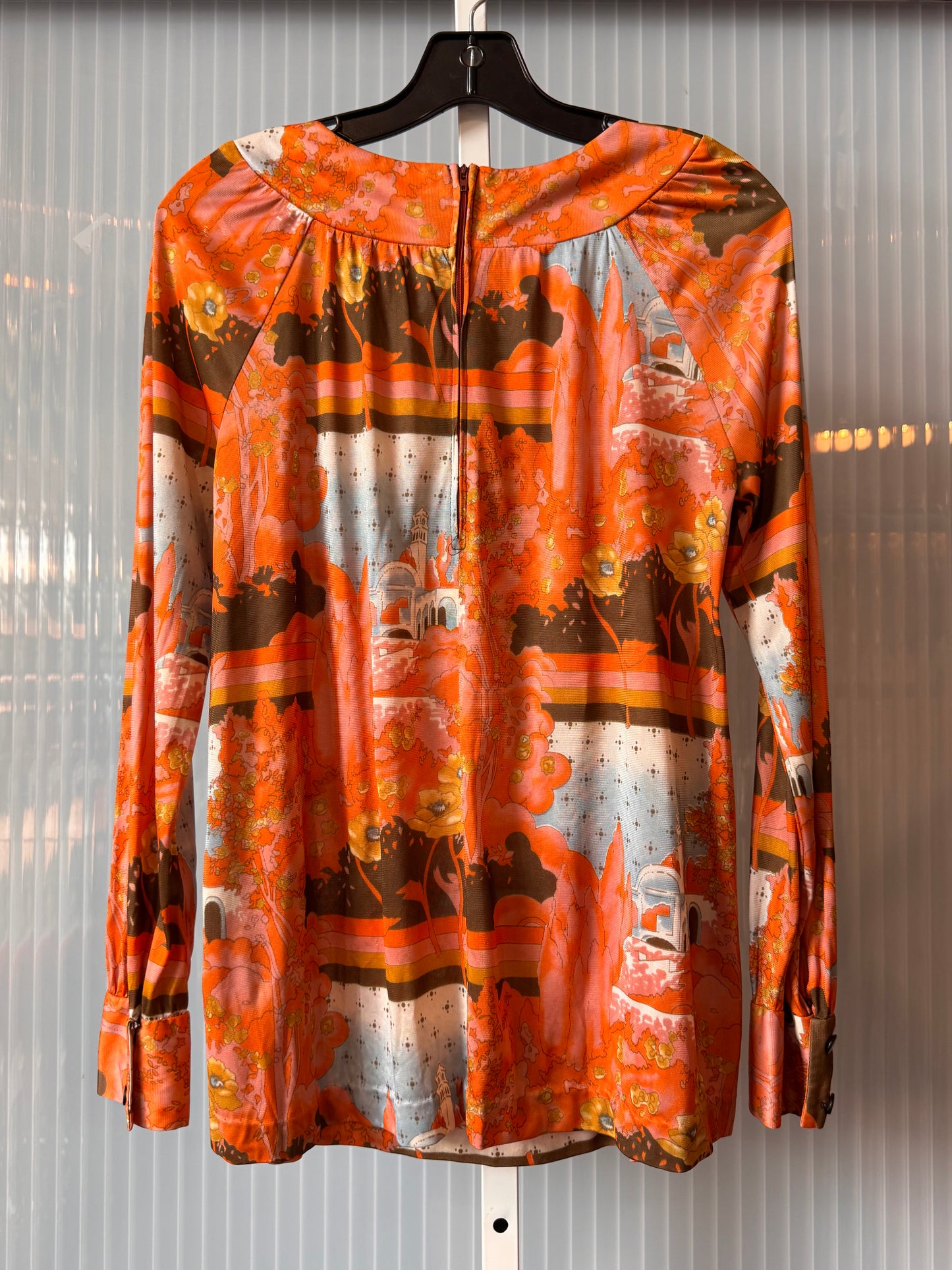 1960s Orange Floral & Architectural Print Flowy Blouse