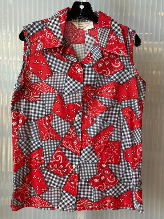 1970s Red, White, & Blue Bandana Button-Up Sleeveless Blouse