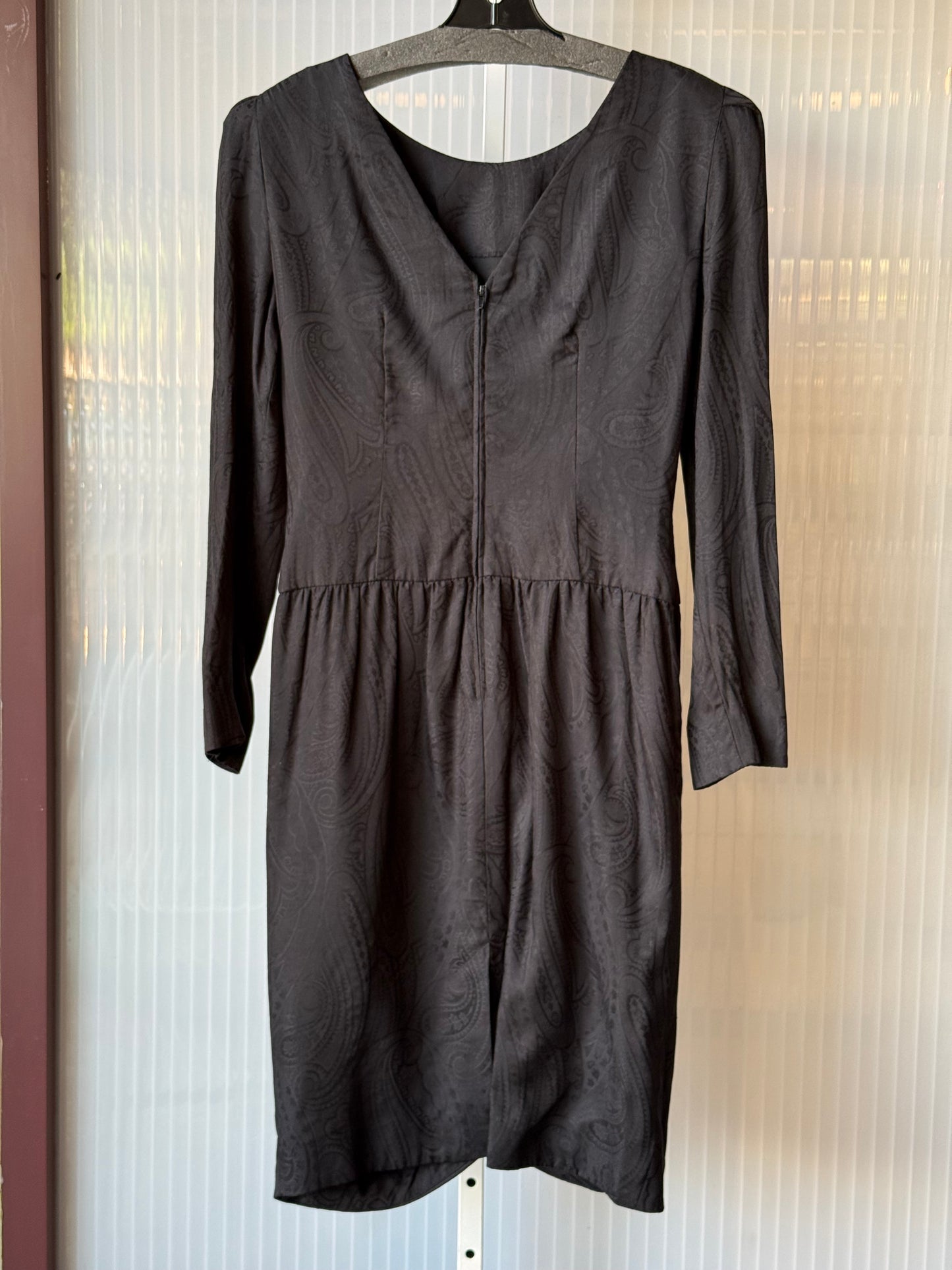 1990s Black Paisley Jaquard Pleated Puff-Sleeve Dress