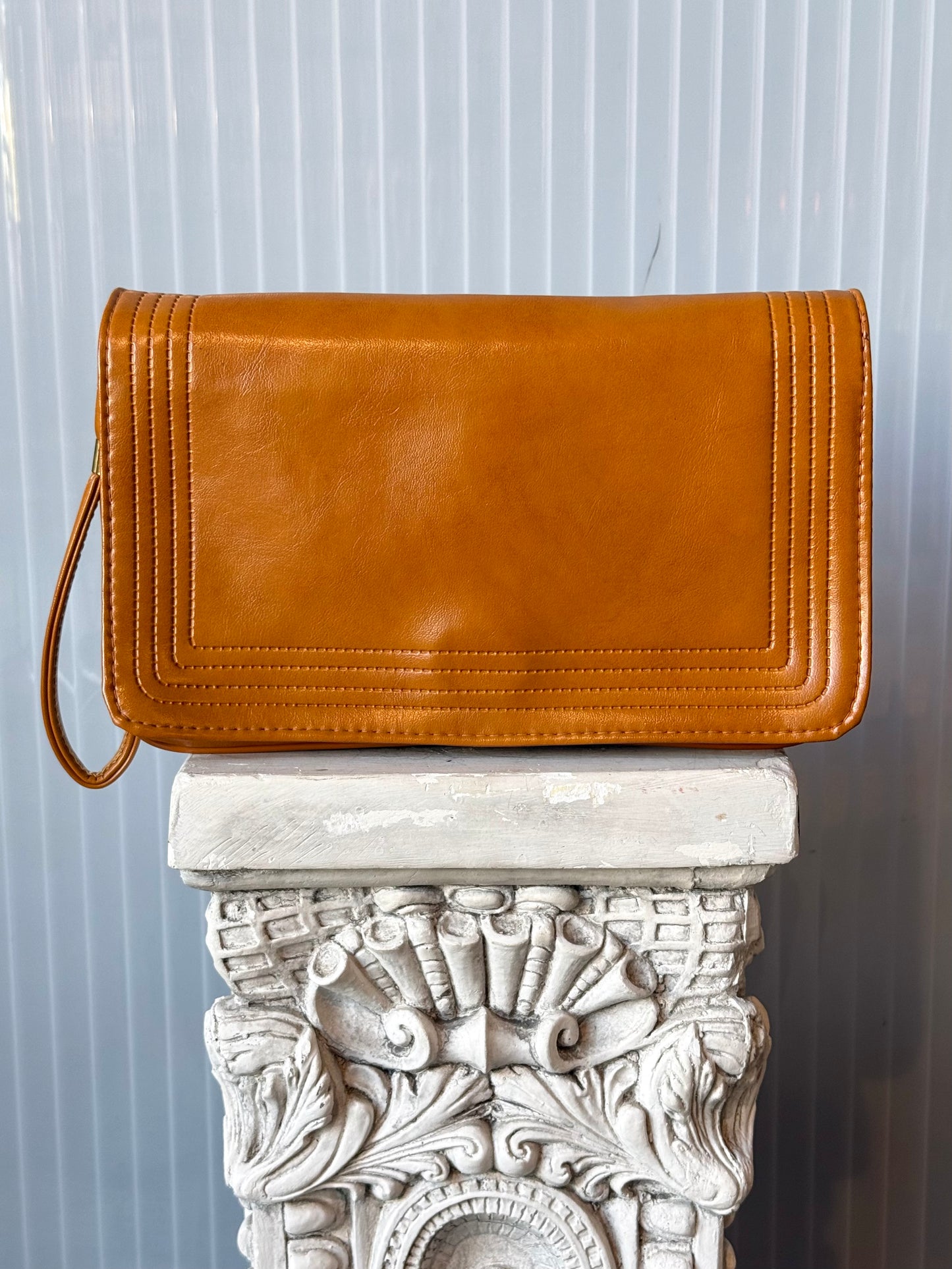 Camel Tan Pleather Wristlet Clutch