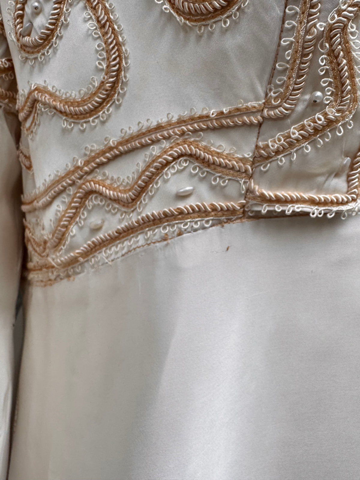 1970s Cream Wedding Dress with Tan Embroidery