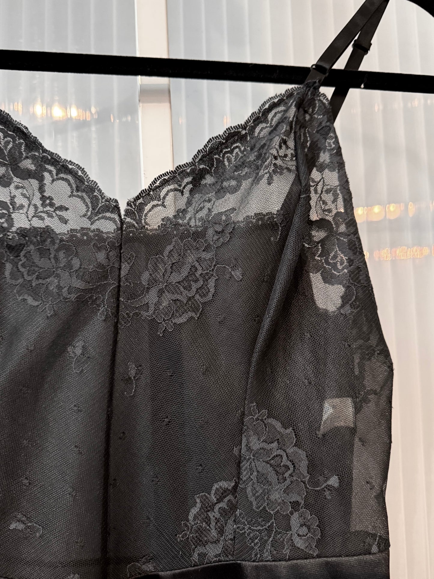 1970s Black Slip with Floral Lace Trim