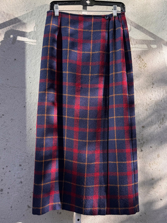 1990s Red & Navy Plaid Wrap Skirt