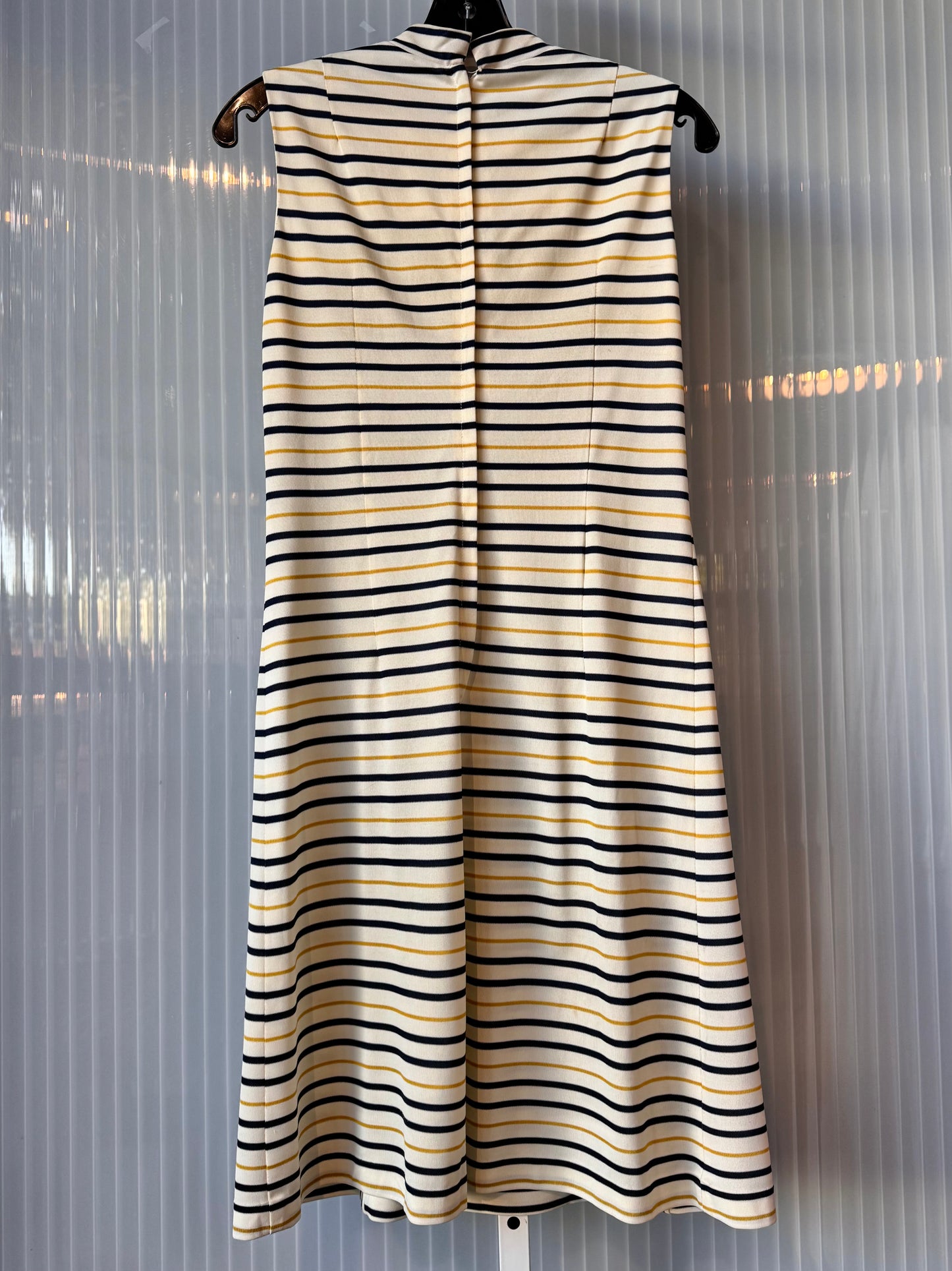 1970s White Yellow & Blue Striped Sleeveless Dress