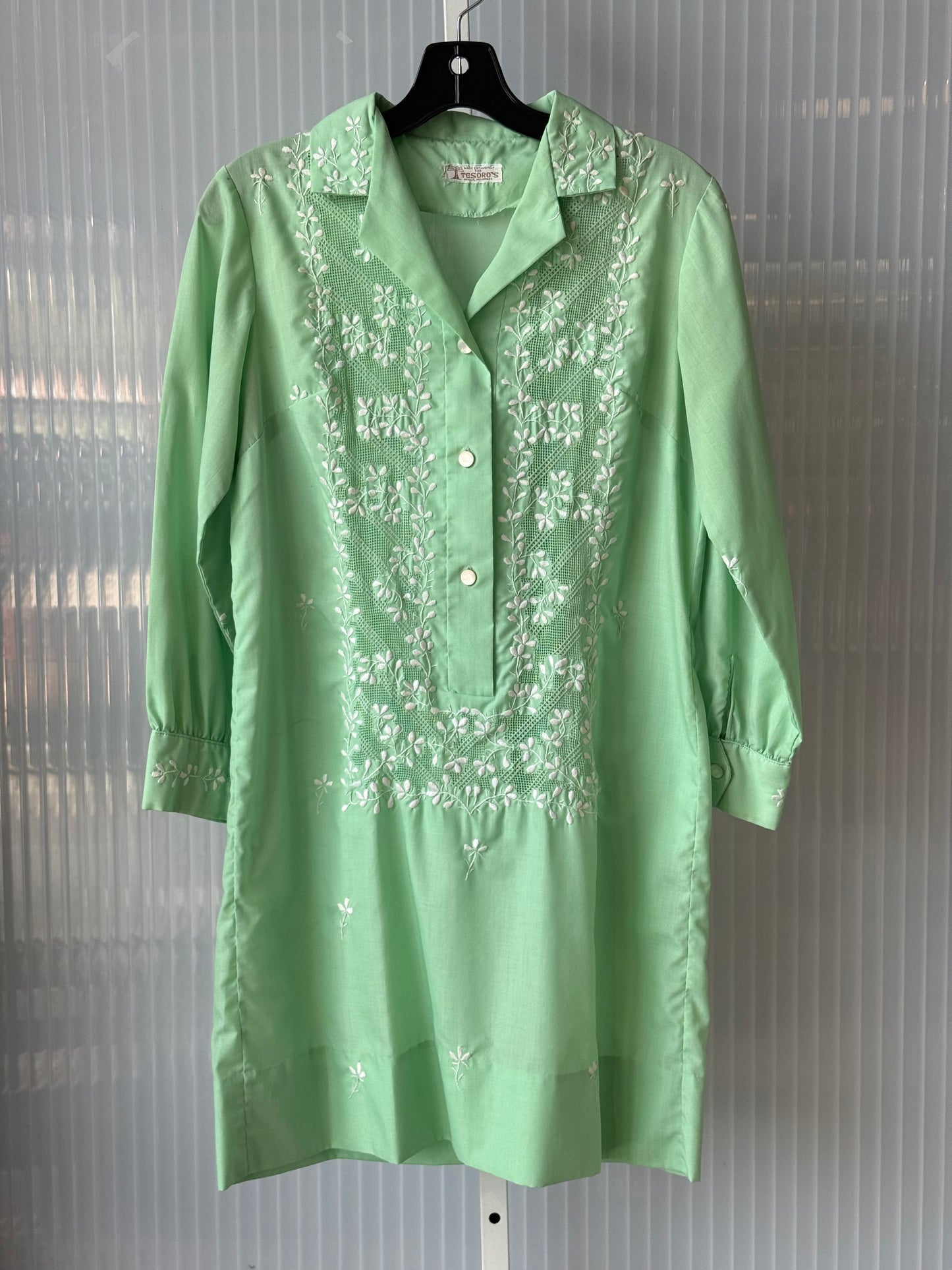 1960s Pale Green Embroidered Shirt Dress w/ Mesh & Sash