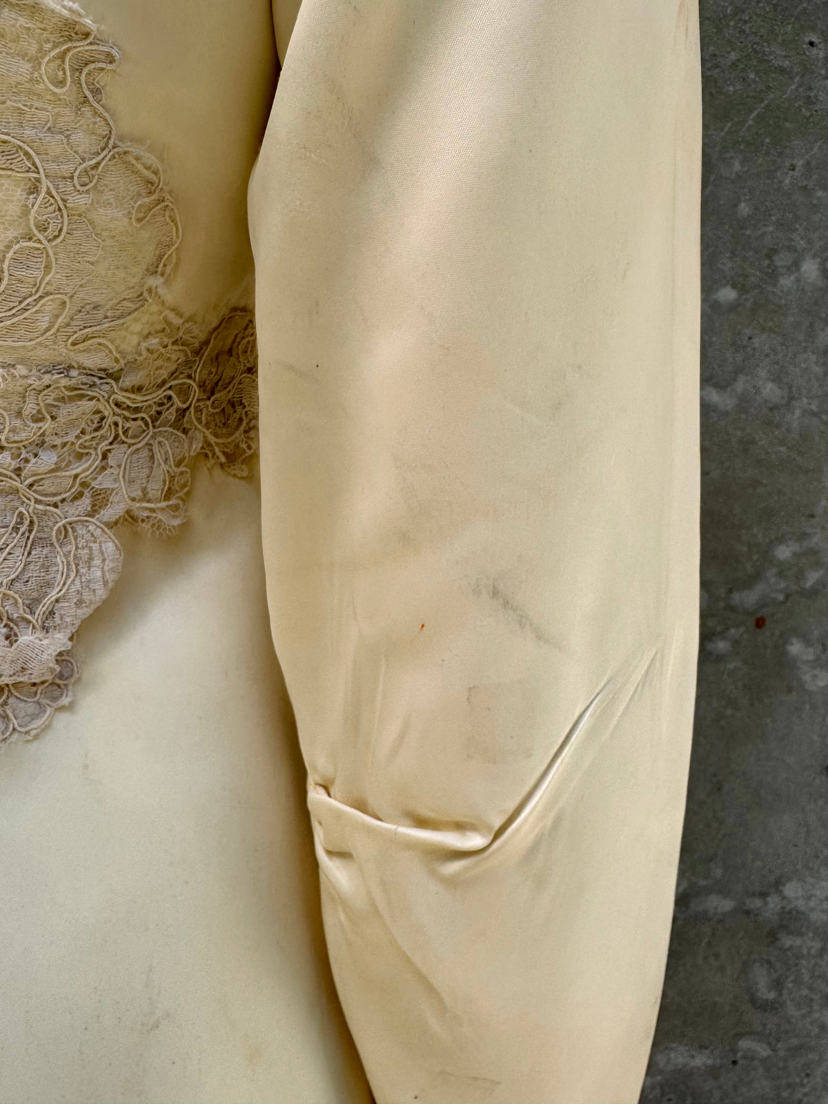 Late 1960s / Early 1970s Cream Satin & Lace Wedding Dress