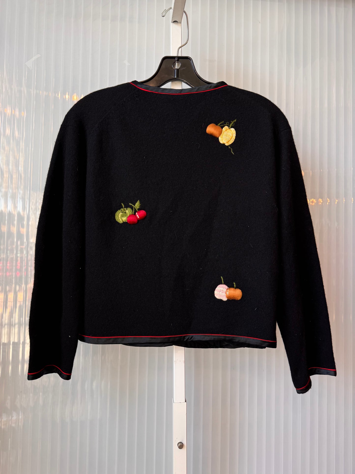 1960s Black Wool Fruit & Vegetable Embroidered Cardigan