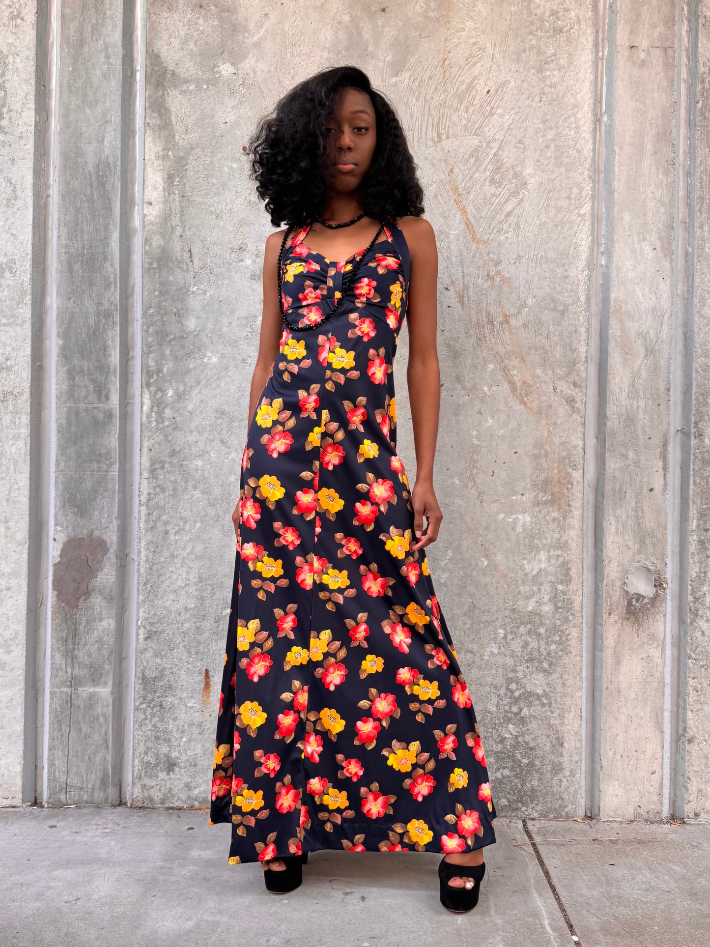 1970s Red & Yellow Floral Black Halter Dress