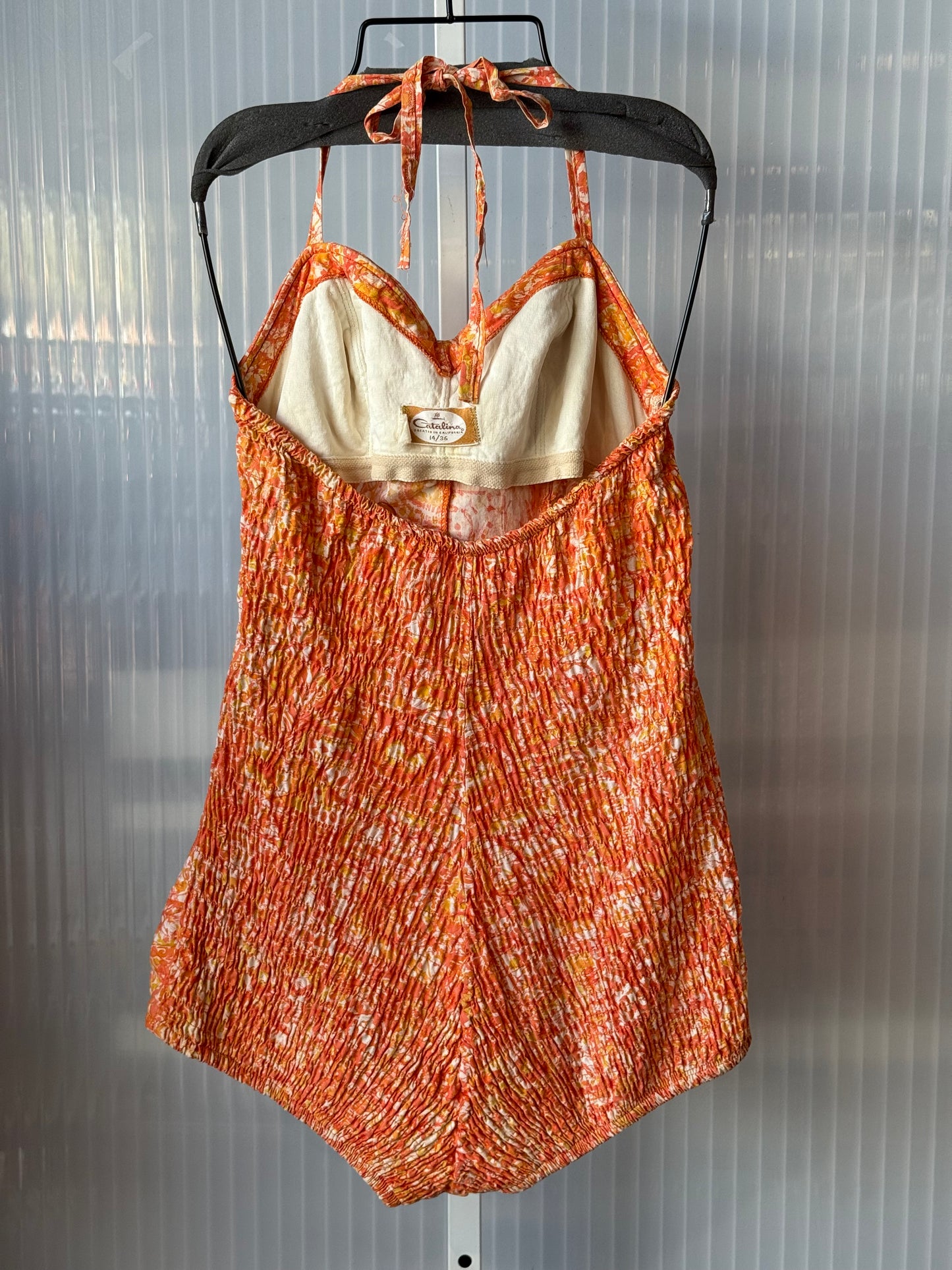1960s Tangerine Orange One Piece Draped Swimsuit