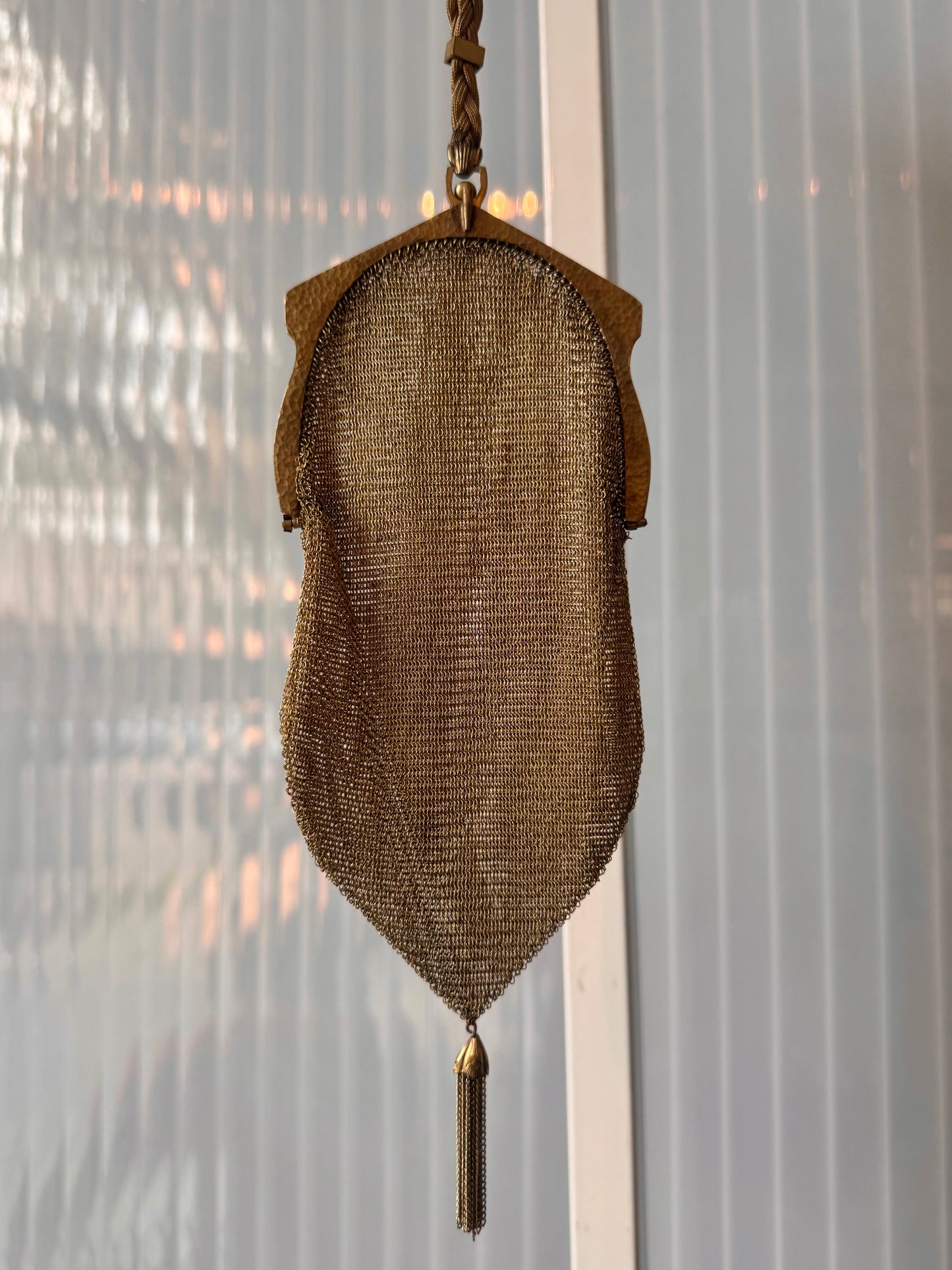 1930s Gold Tone Art Deco Mesh Evening Bag