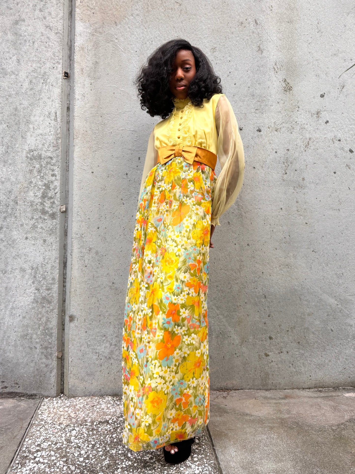 1970s Yellow Floral Empire Waist Maxi Dress