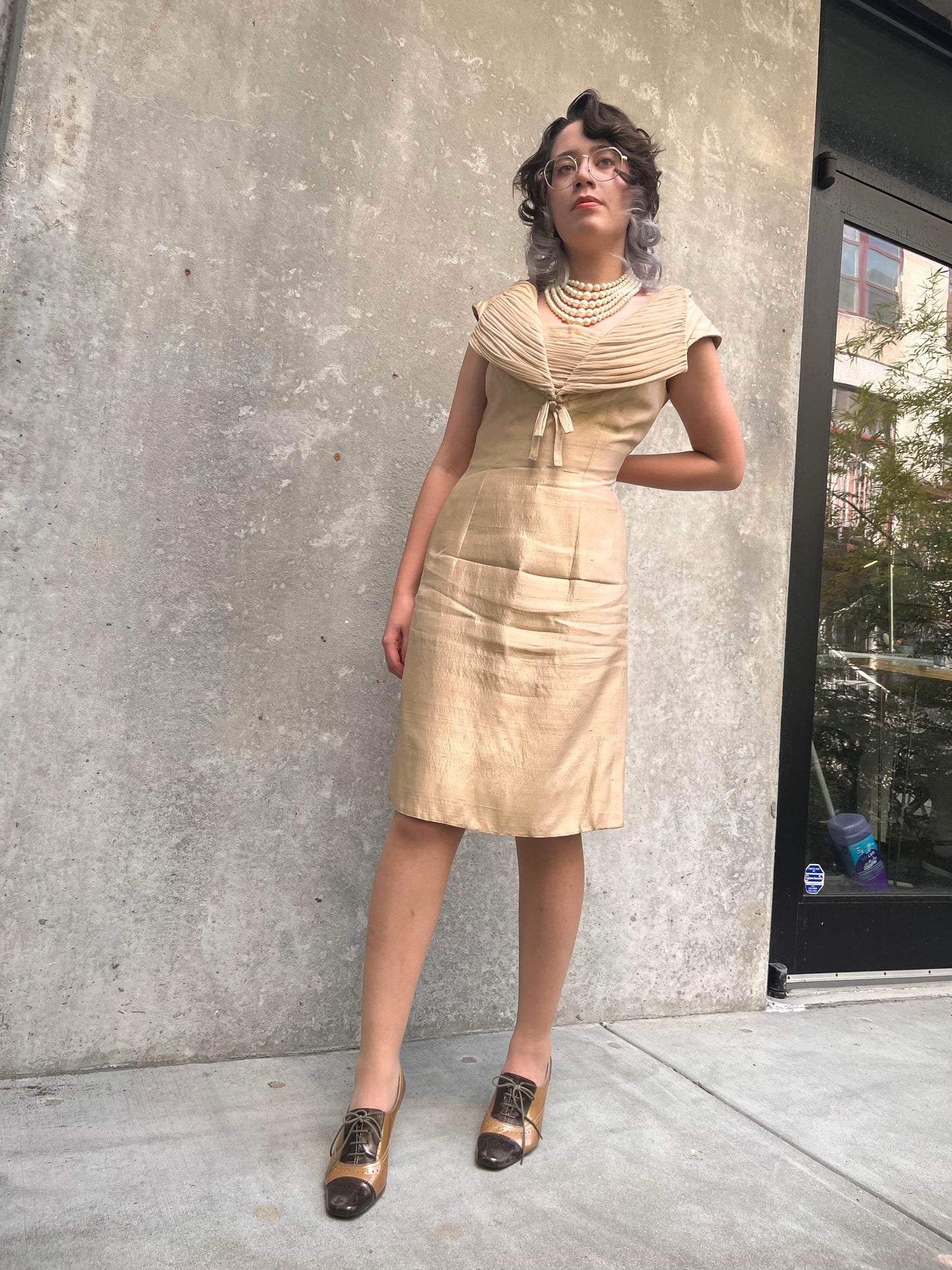 1950s / 1960s Champagne Silk Cocktail Dress