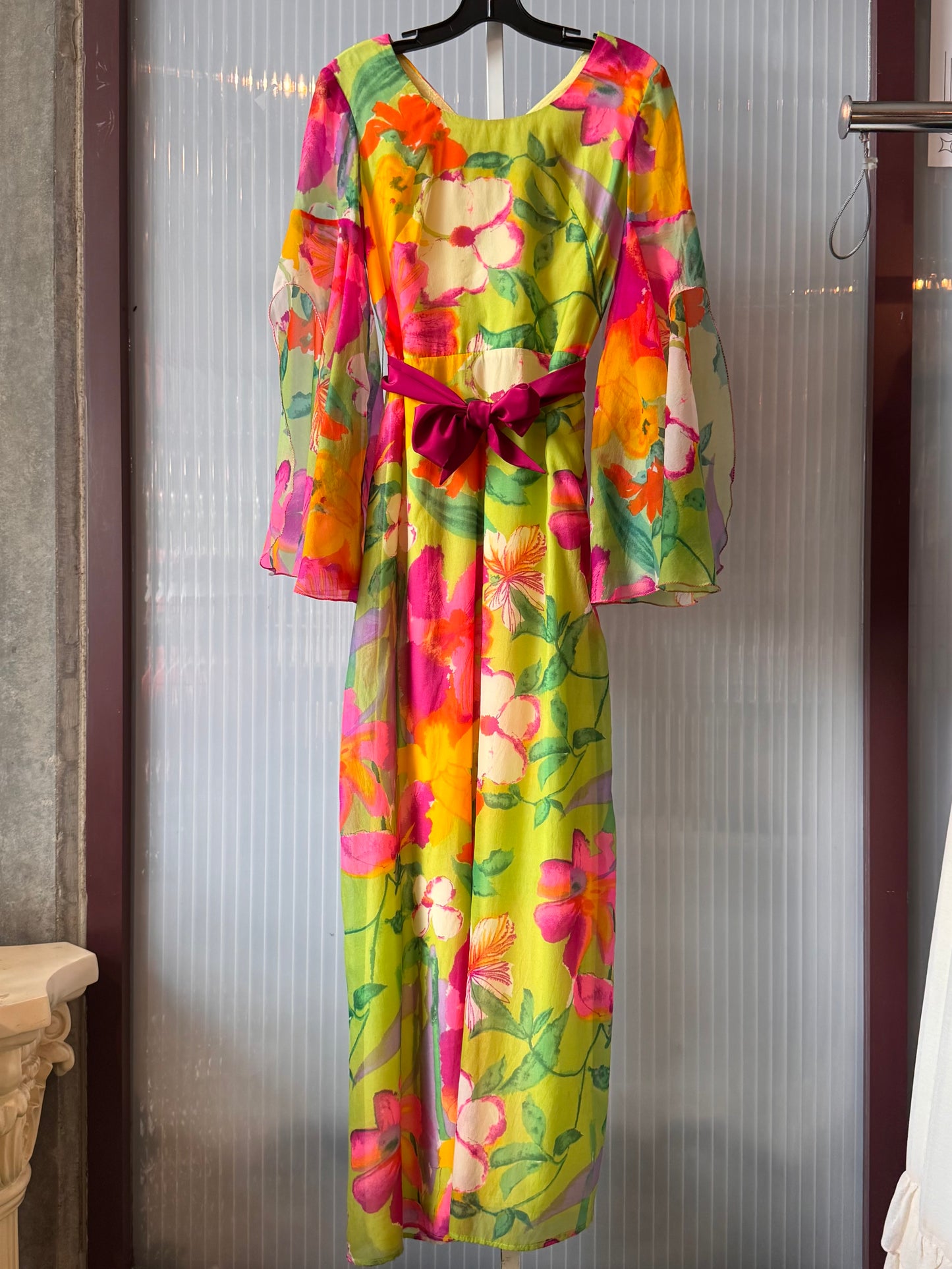 1970s Multicolor Floral Bell Sleeve Maxi Dress
