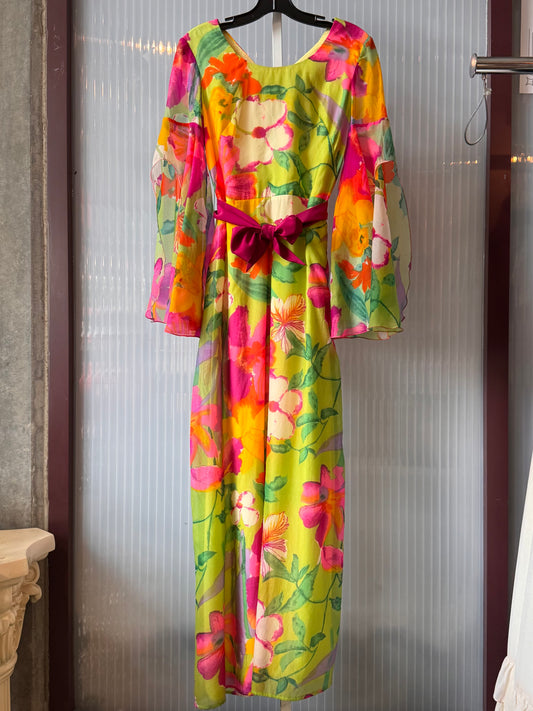 1970s Multicolor Floral Bell Sleeve Maxi Dress