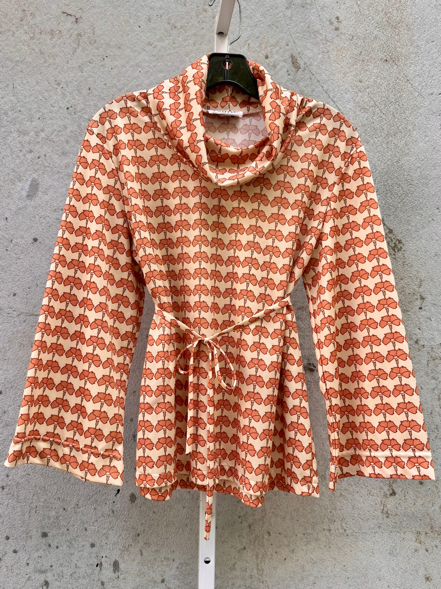 1970s Burnt Umber & Cream Floral Turtleneck Blouse