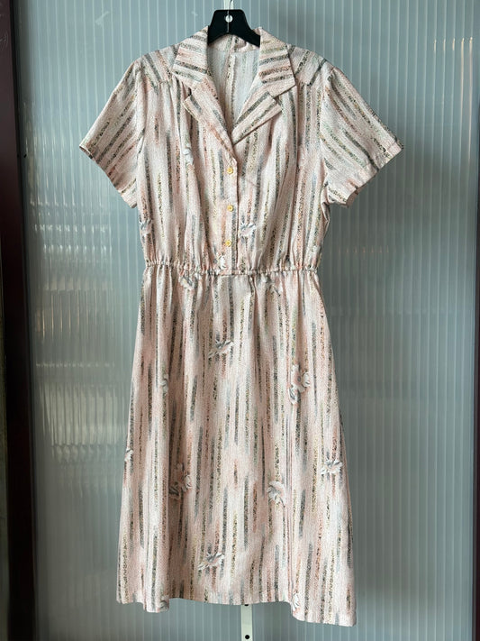 1970s Pink Shirtwaist Dress w/ White & Green Abstract Floral Stripes