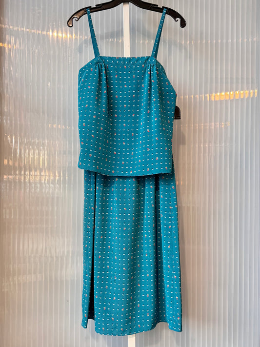 1980s Teal Patterned Skirt & Top Set