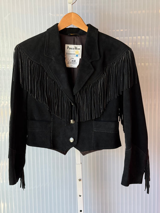 1970s Black Suede Western Fringe Cropped Jacket
