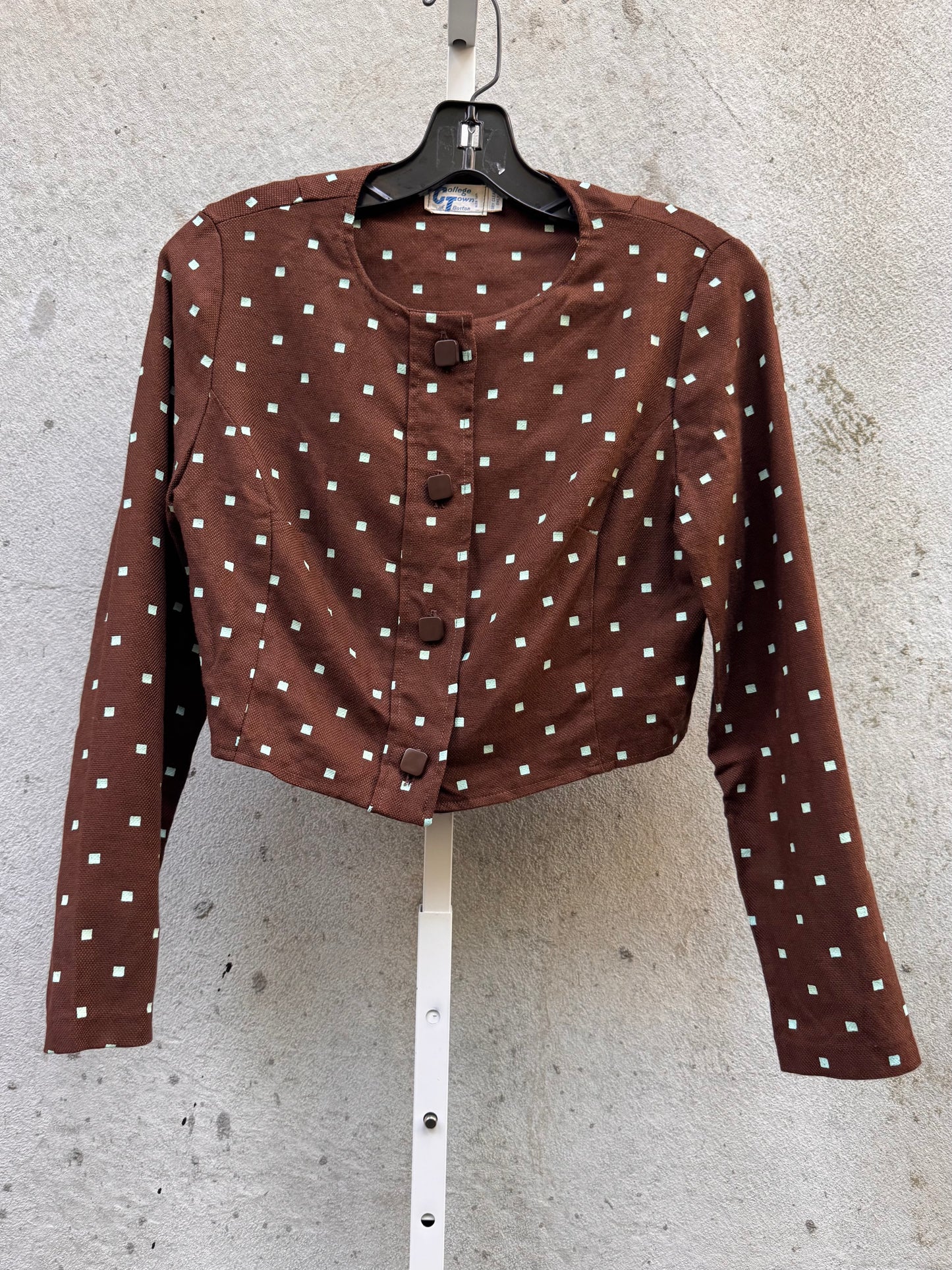 1960s Brown & Blue Square Patterned Top & Skirt Set