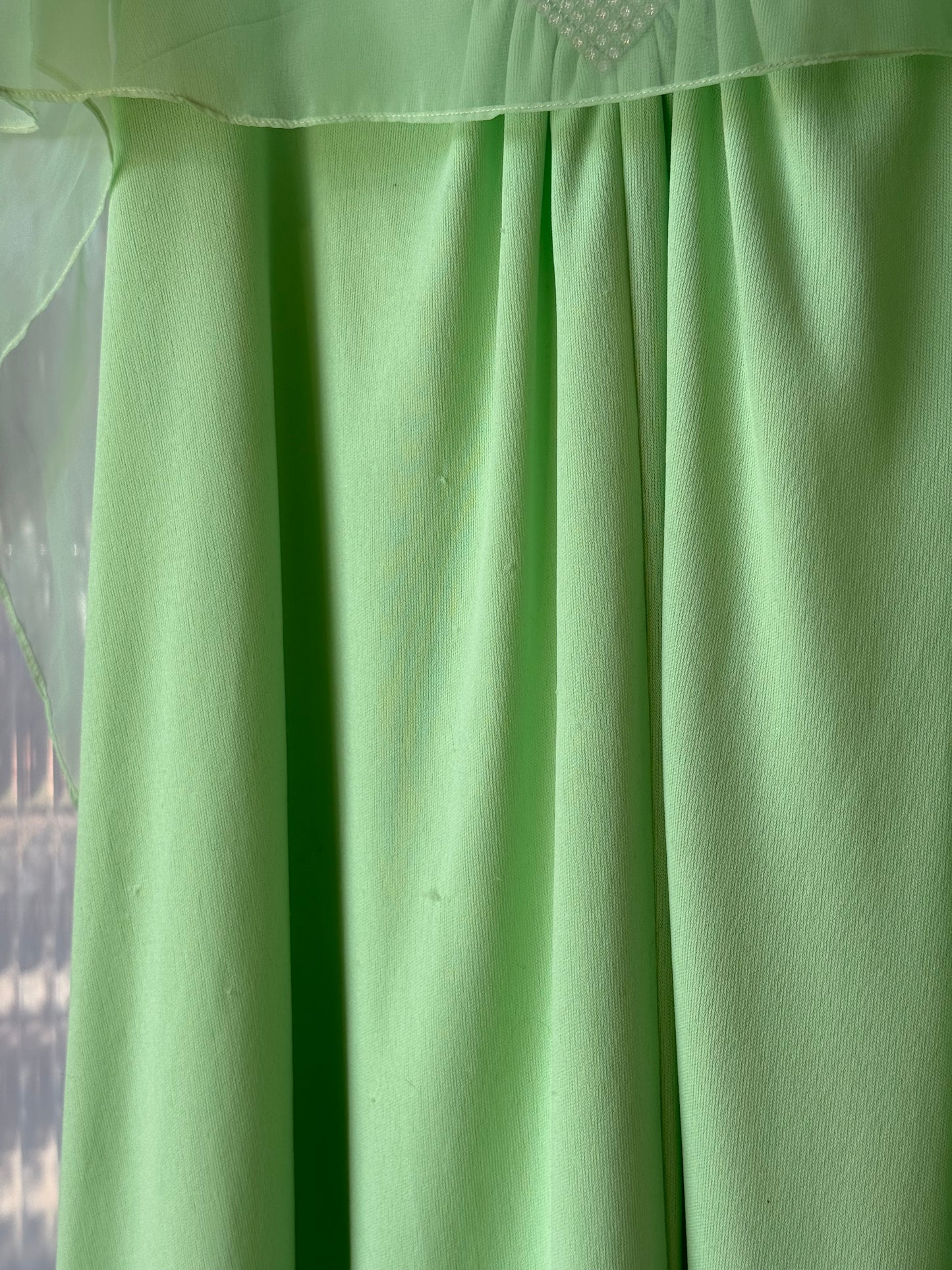 1970s Pistachio Green Gown w/ Sheer Shawl Overlay