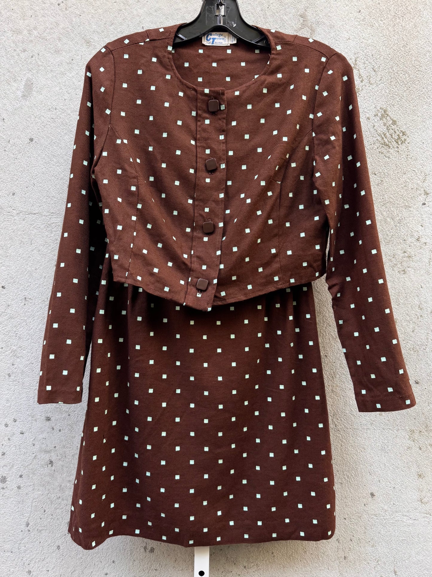 1960s Brown & Blue Square Patterned Top & Skirt Set