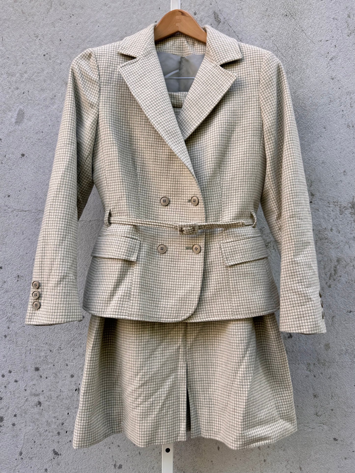 1980s Cream Houndstooth Wool Suit Jacket & Skirt Set