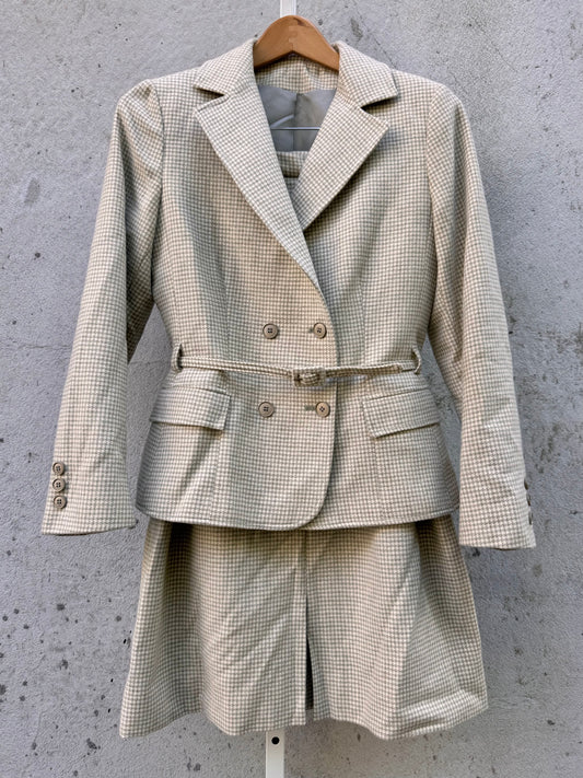 1980s Cream Houndstooth Wool Suit Jacket & Skirt Set