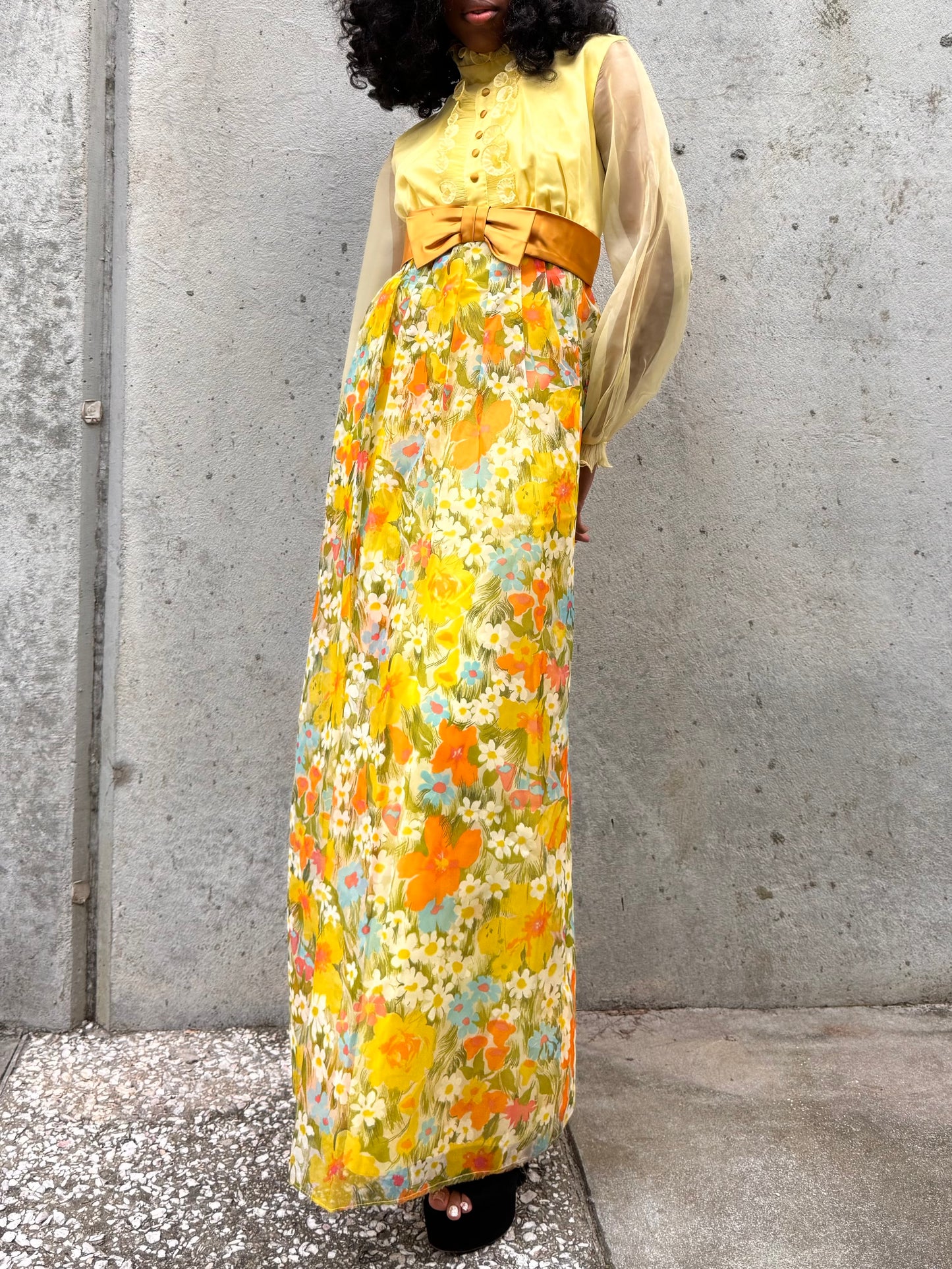 1970s Yellow Floral Empire Waist Maxi Dress