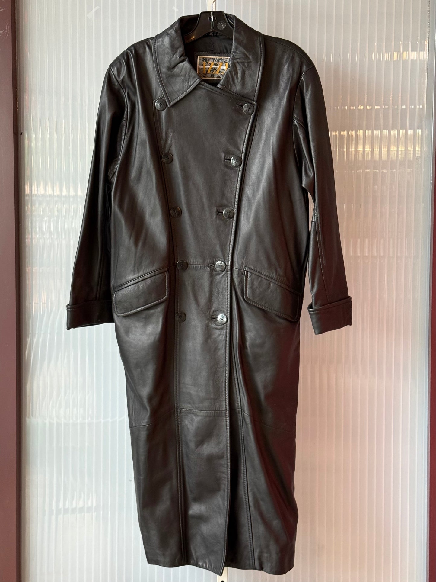 1990s Full Length Black Double Breasted Leather Trench Coat