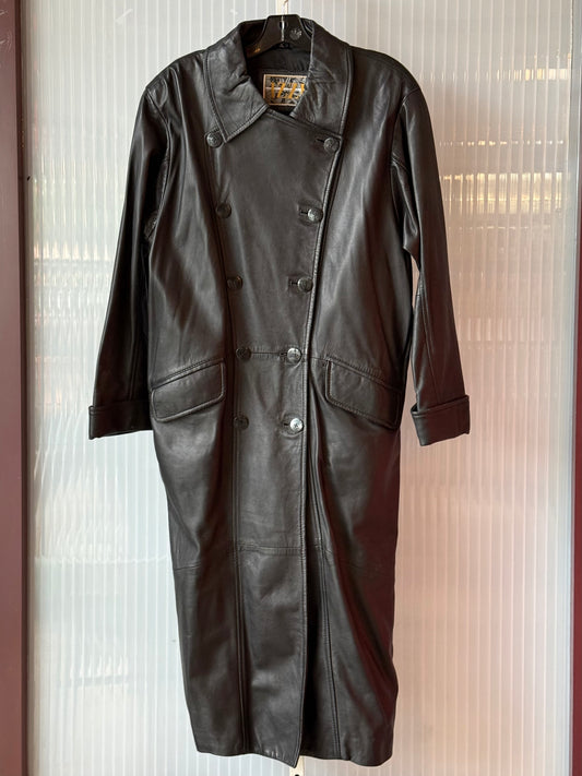 1990s Full Length Black Double Breasted Leather Trench Coat