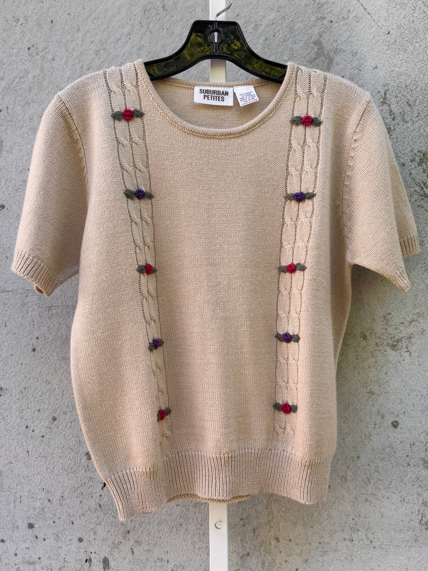 1980s Tan Knit Sweater Top with Embroidered Flowers