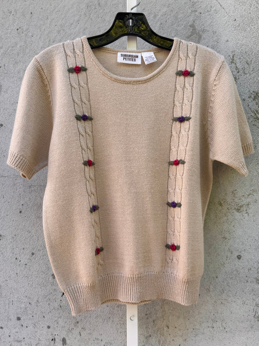 1980s Tan Knit Sweater Top with Embroidered Flowers