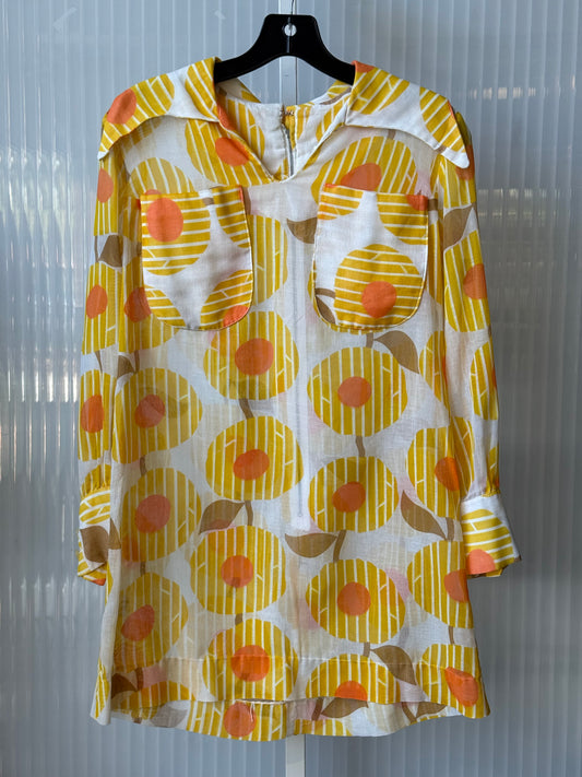 1970s Sheer White Mod Floral Mini Dress w/ Pointed Collar