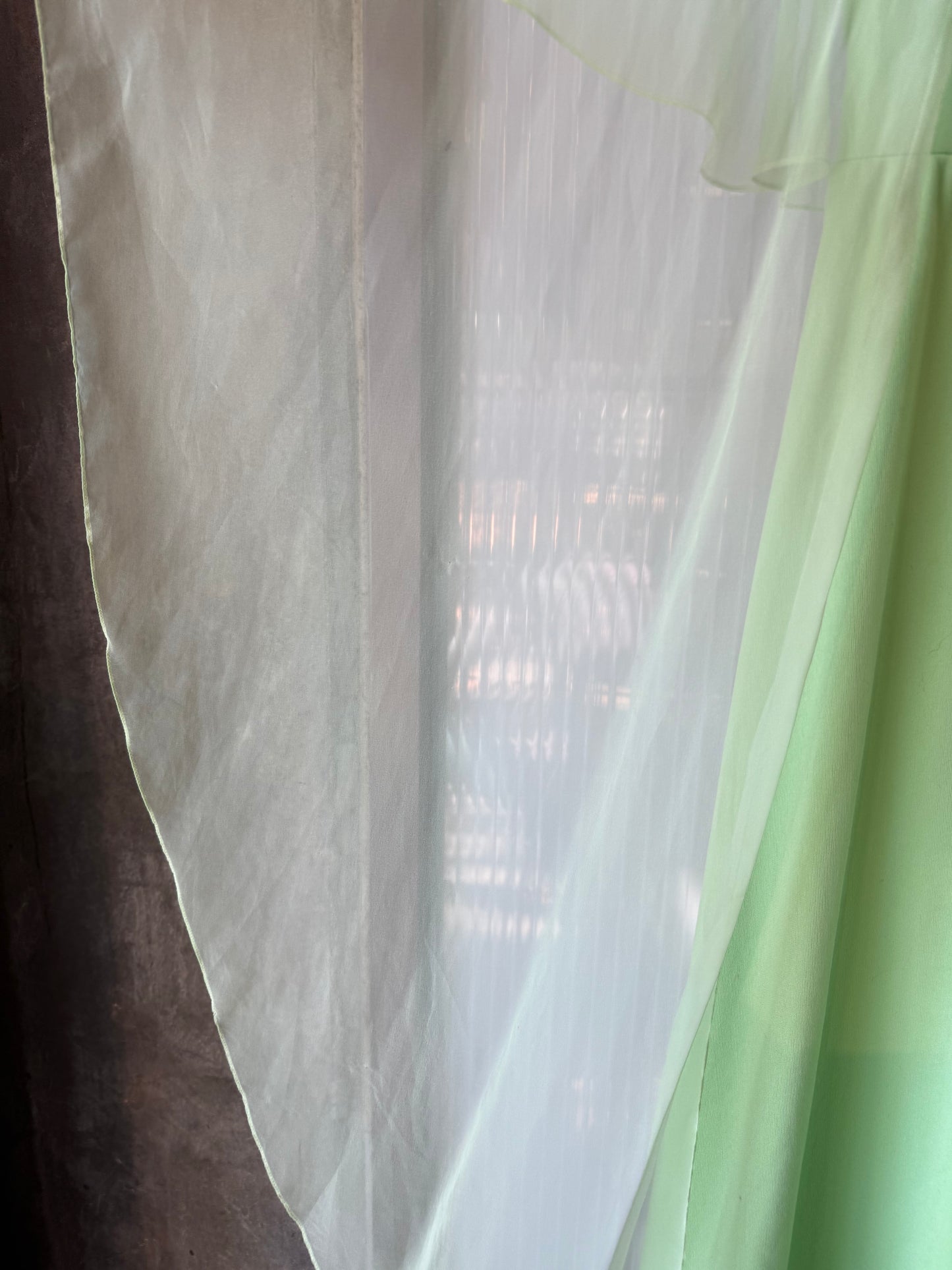 1970s Pistachio Green Gown w/ Sheer Shawl Overlay