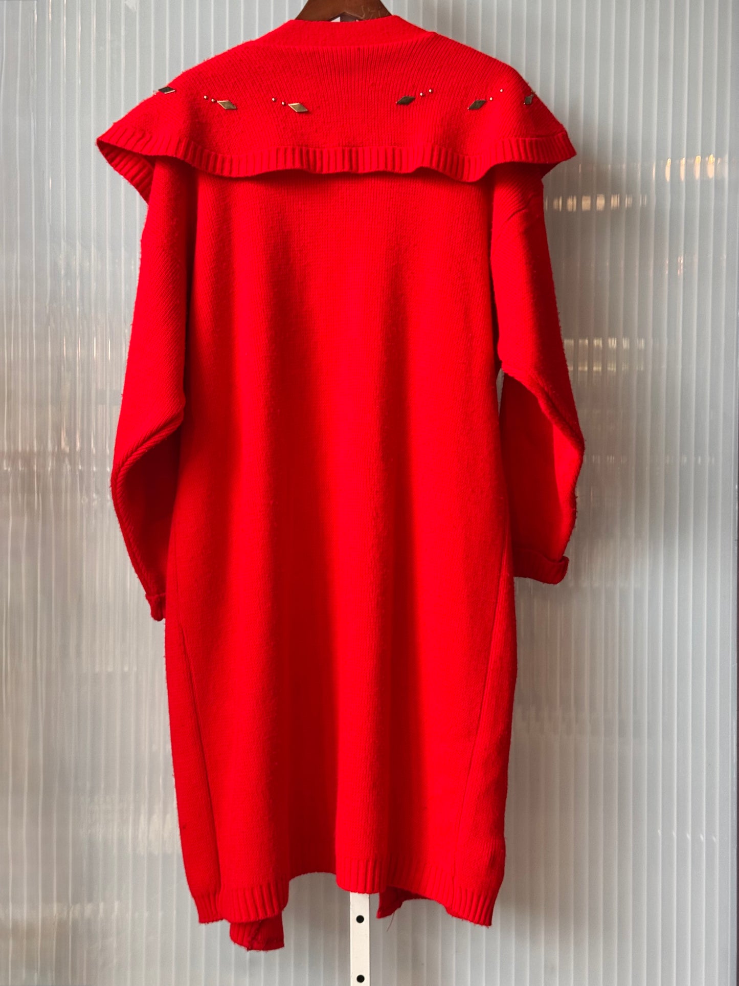 1980s Red Knit Bedazzled Full-Length Cardigan Coat