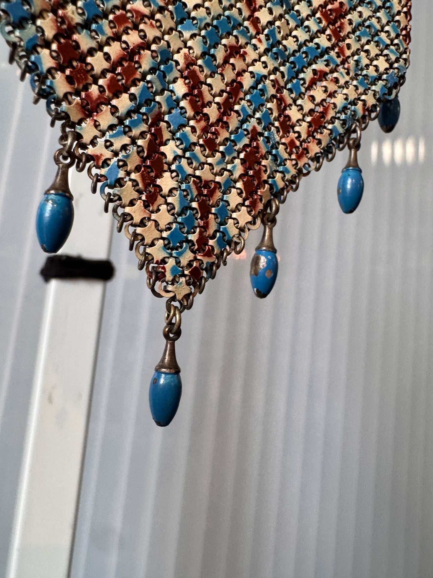 1920s Cream Blue & Burgundy Metal Mesh Flapper Purse