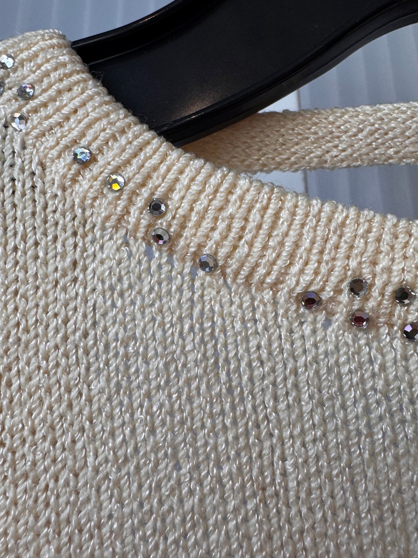 1980s Cream Long-Sleeve Open-Back Knit Dress with Silver Rhinestones