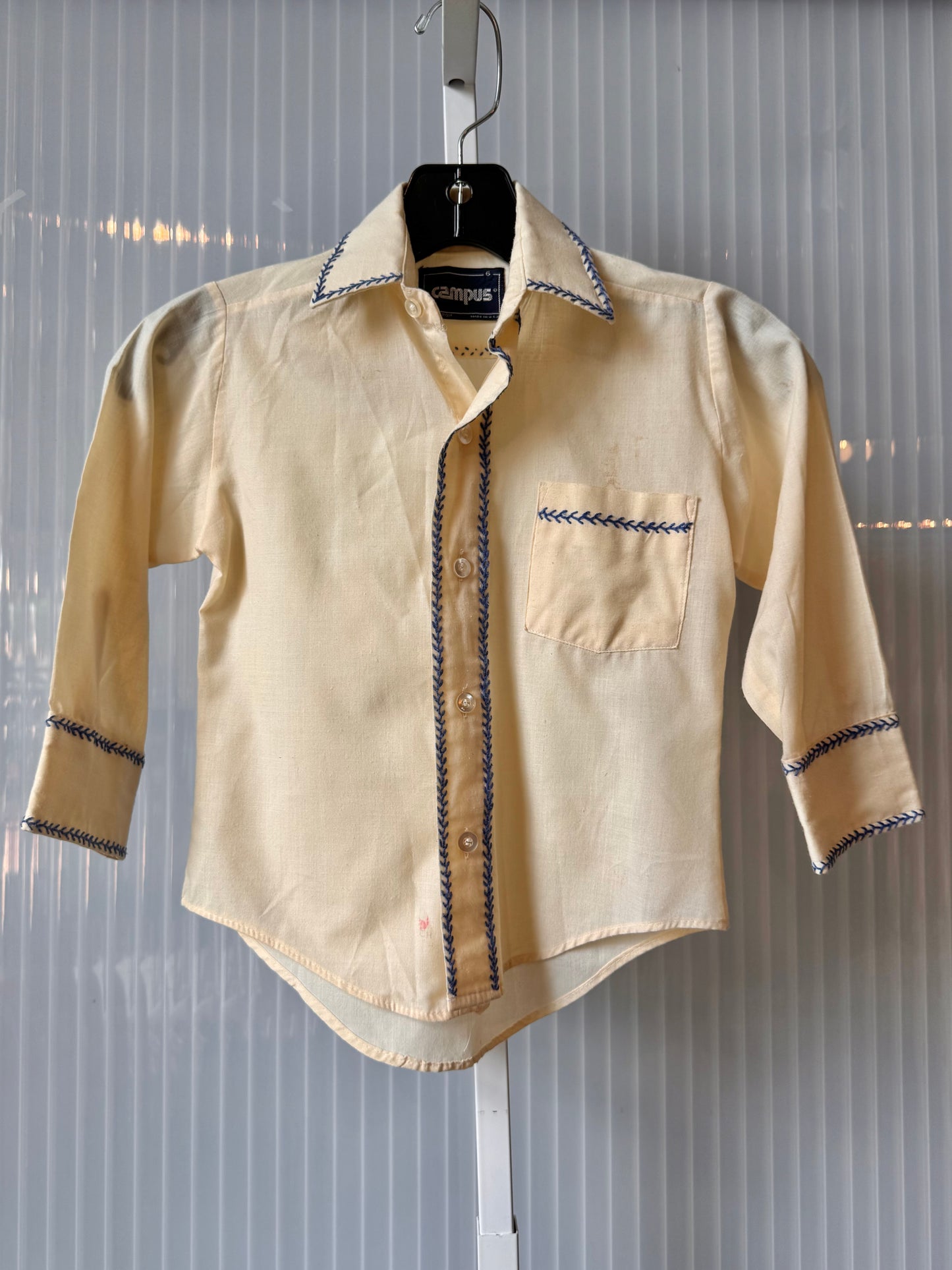 1970s Children's Cream Button-Up Shirt with Blue Fishbone Stitch