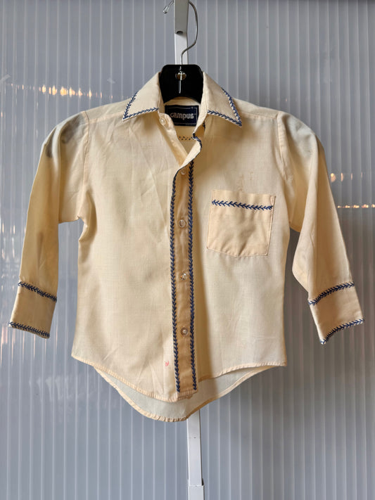 1970s Children's Cream Button-Up Shirt with Blue Fishbone Stitch
