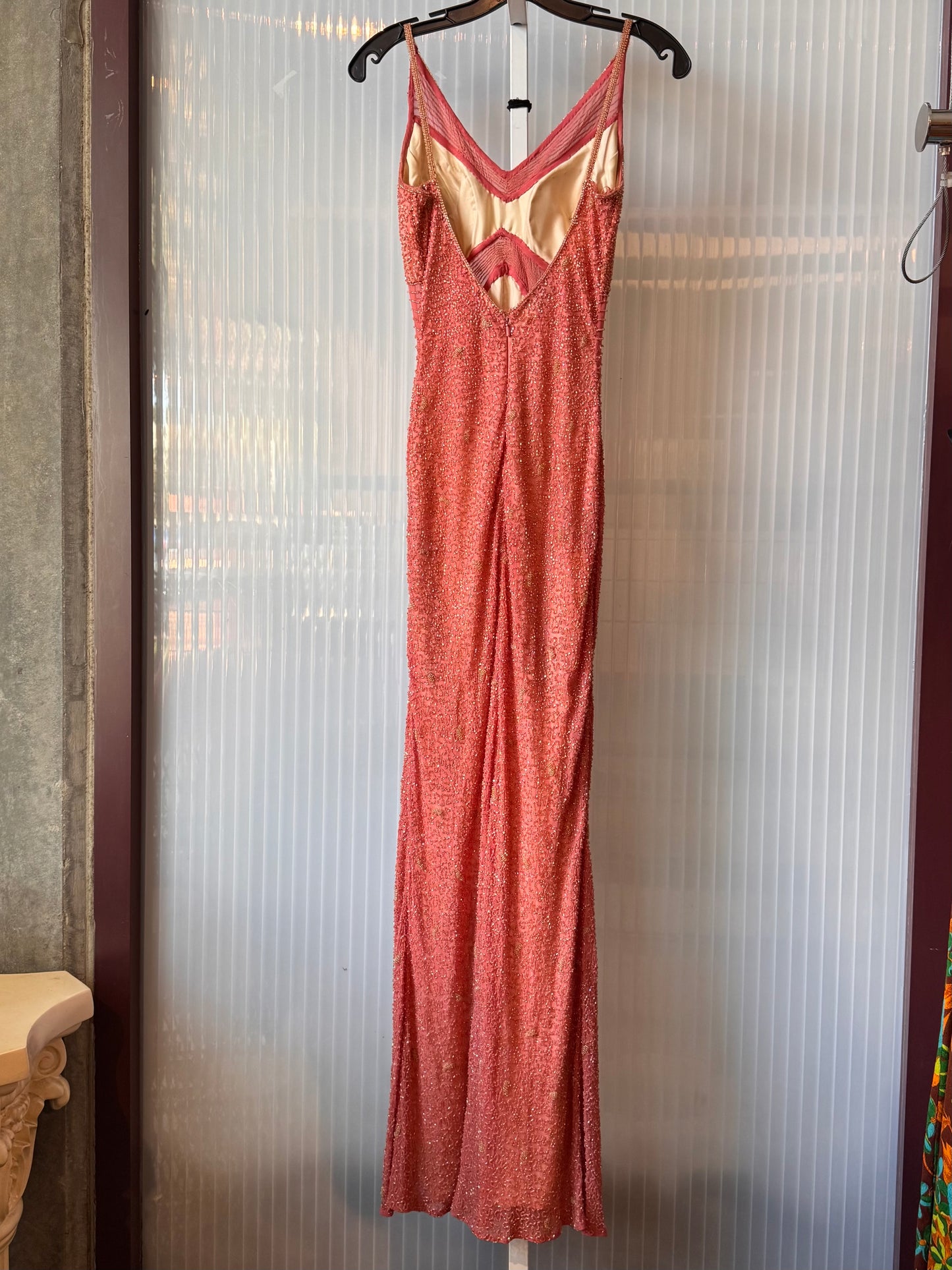 1990s Peach Beaded Formal Maxi Dress