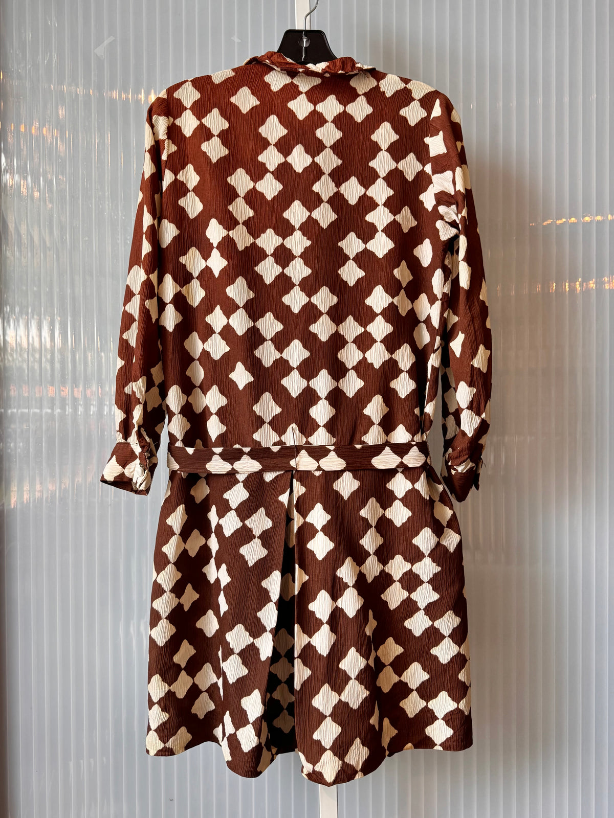1970s Brown & White Plissé Rhombus Dropwaist Dress