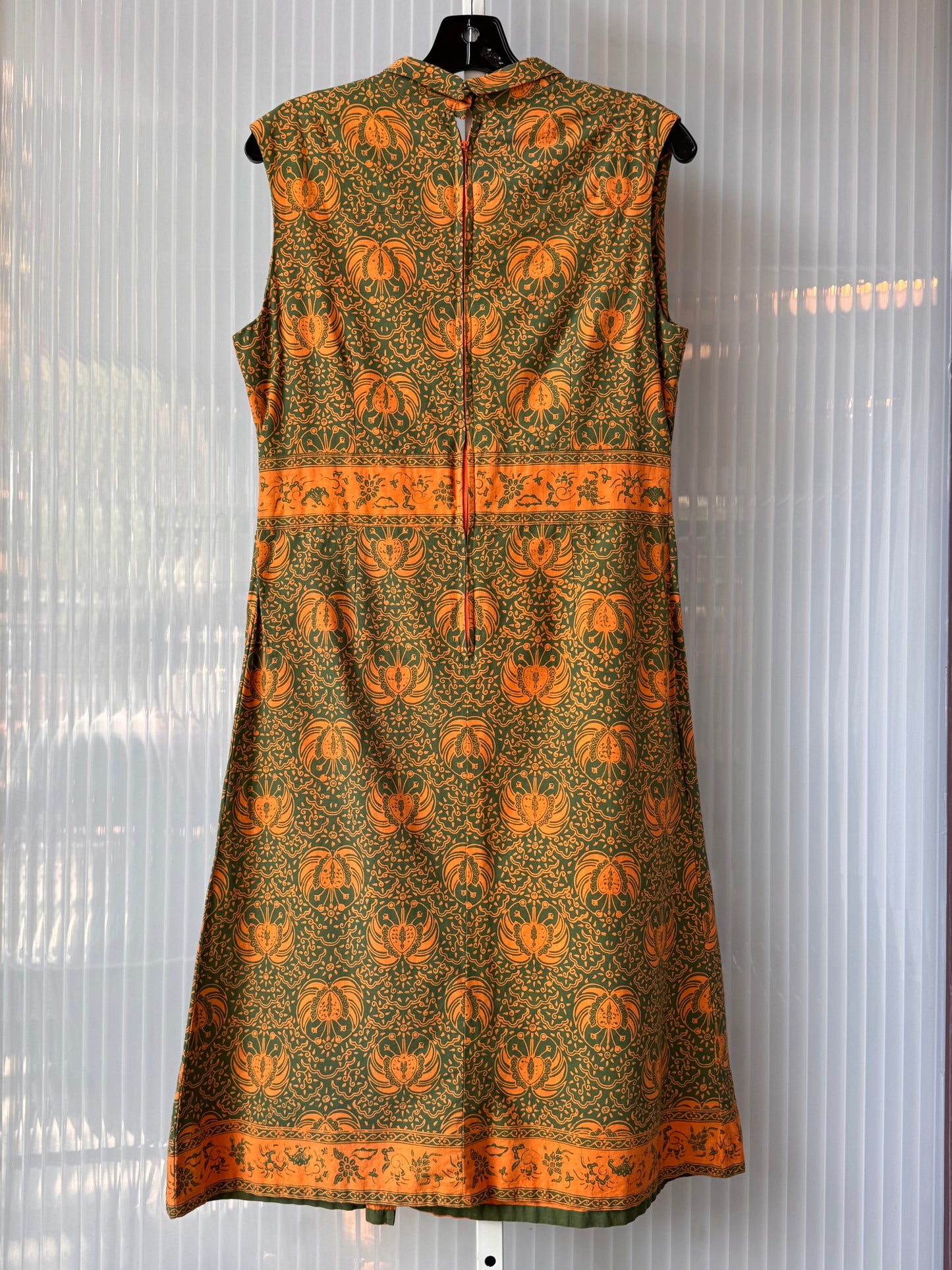 1990s Orange & Green Batik Shirtwaist Sleeveless Dress