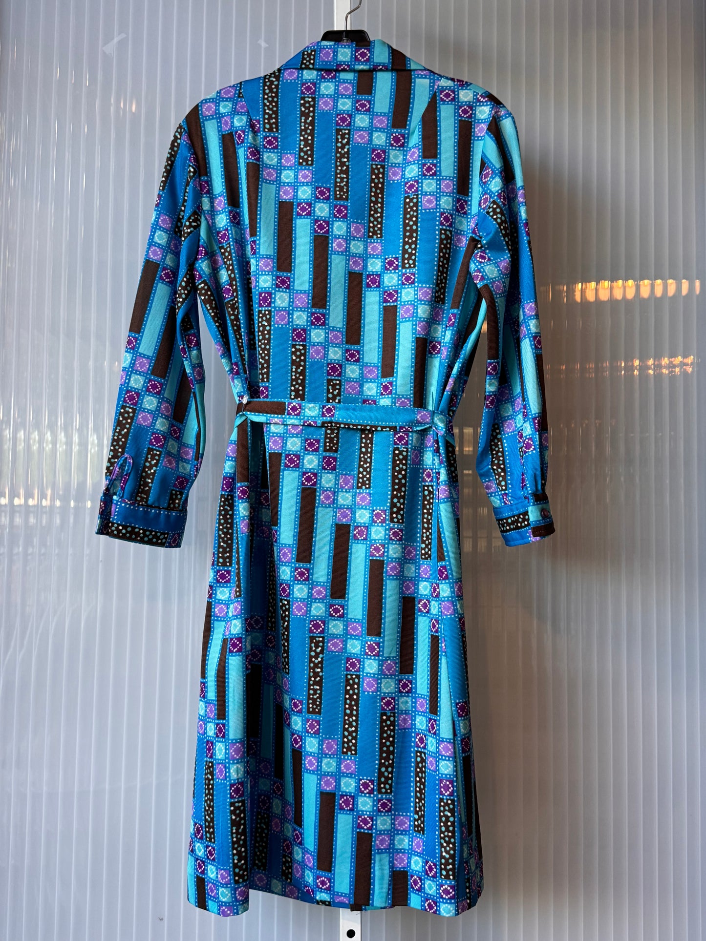 1970s Blue & Brown Button-Up Long-Sleeve Dress