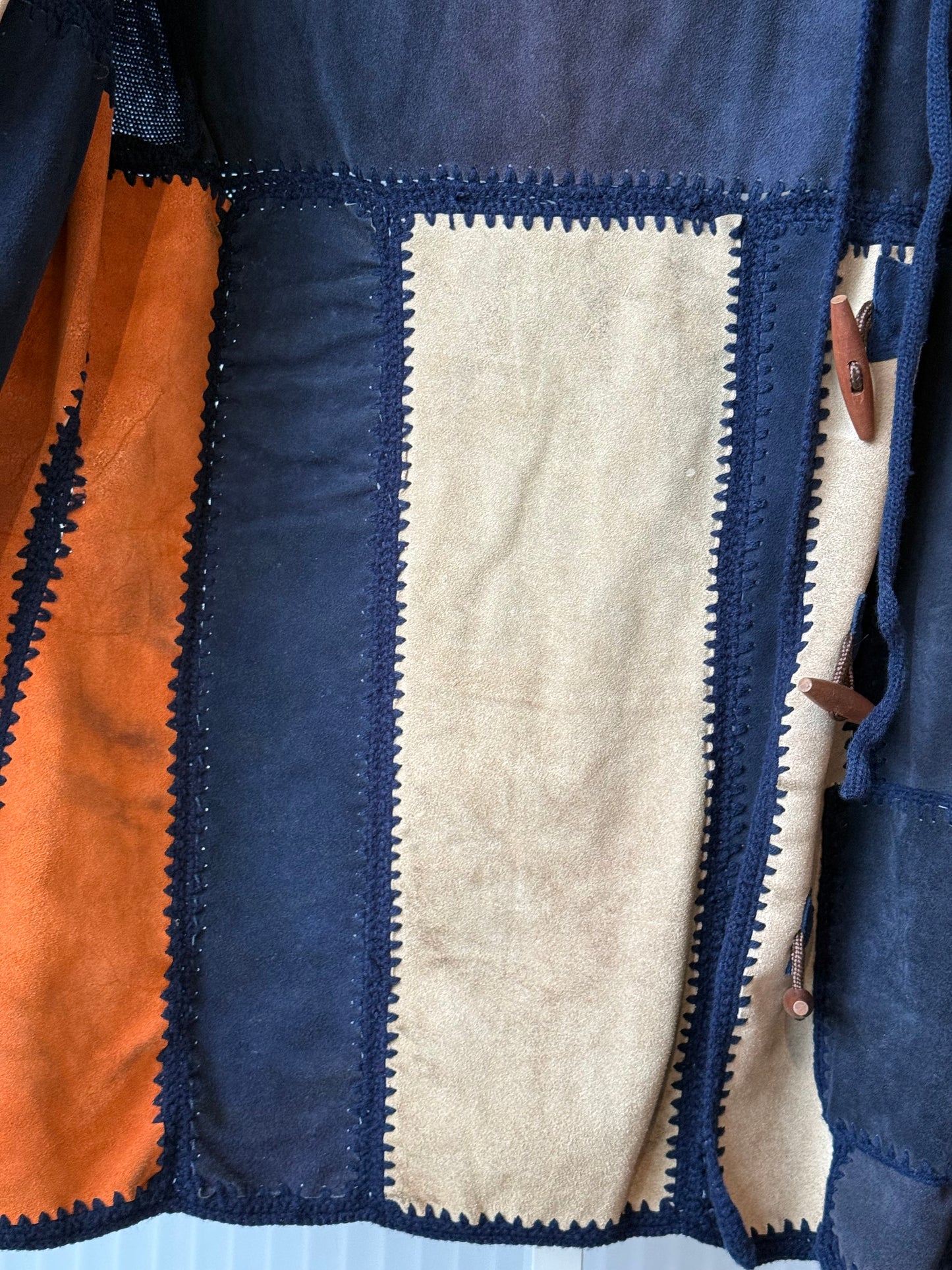 1970s Blue & Orange Suede Coat w/ Knitted Hood & Sleeves